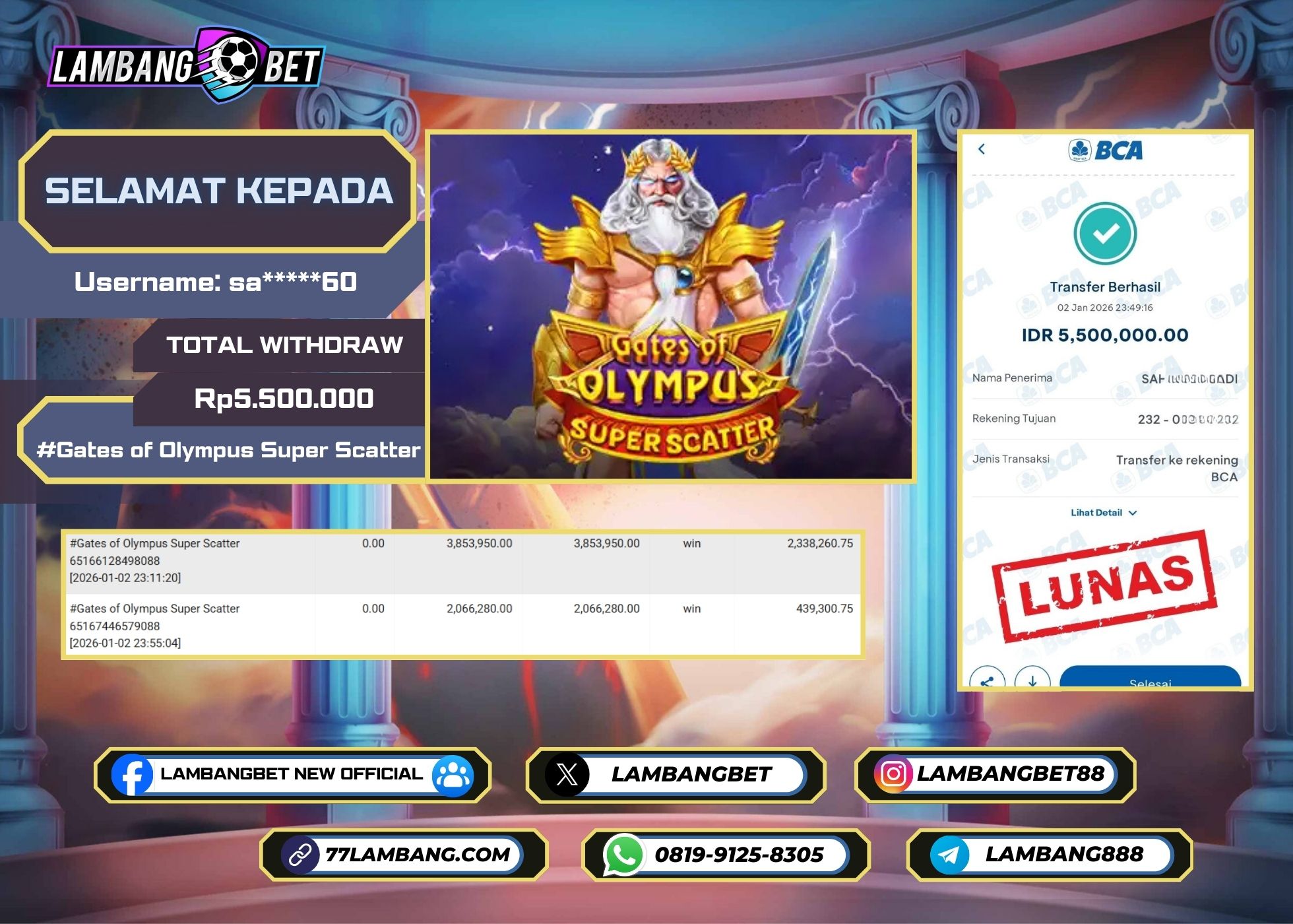 LAMBANGBET [2 JANUARI 2025] JACKPOT SLOT Gates of Olympus Super Scatter "Rp5.500.000" LUNAS